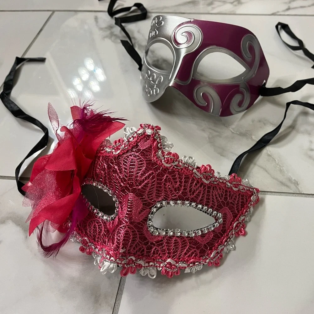 Pink & Silver Masquerade Mask Set